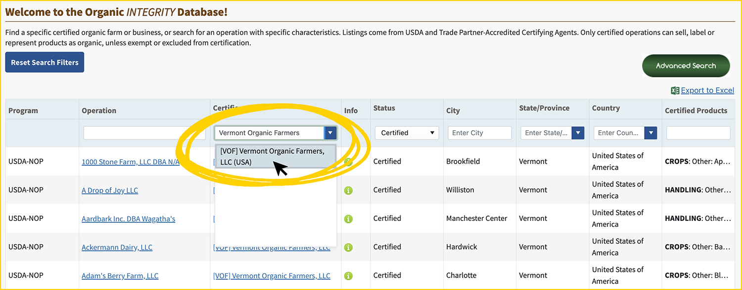 Screenshot of the Organic Integrity Database with the certifier filter highlighted