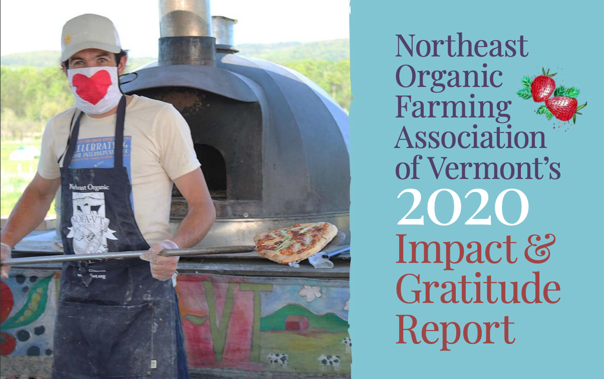 Picture of the cover of the 2020 Impact Report. It reads "Northeast Organic Farming Association of Vermont's 2020 Impact & Gratitude Report" next to an image of a person holding pizza on peel in front on a woodfire oven, wearing a mask with a big red heart on it. 