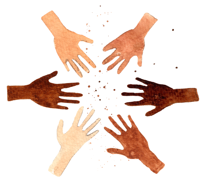 Watercolor of hands in varying shades of tan and brown, all reaching towards each other.